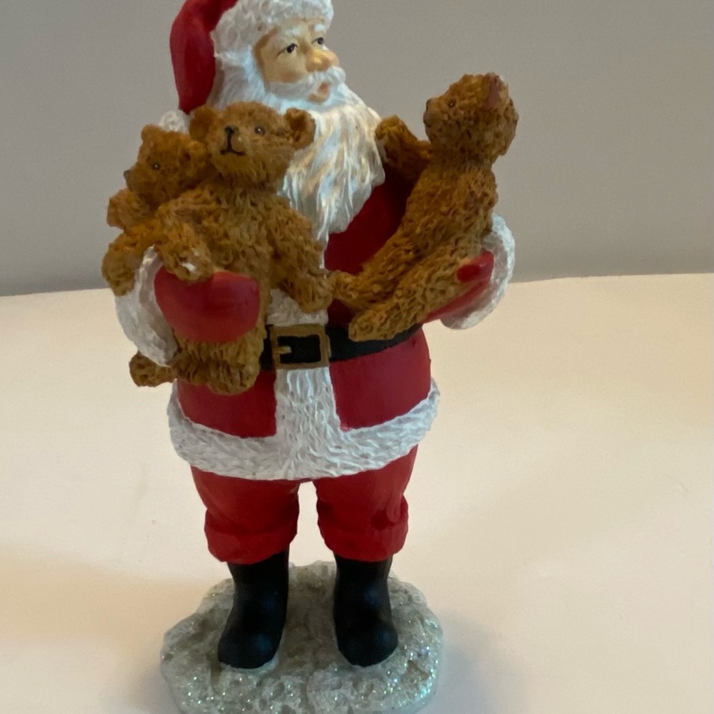 Vintage Santa Figurine Holding Teddy Bears Resin 6" Standing